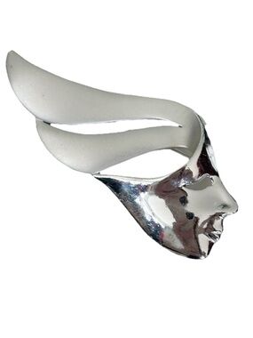 Masquerade Mask Sculpted Profile Side Face Brooch Pin Silver Tone Shiny Matte